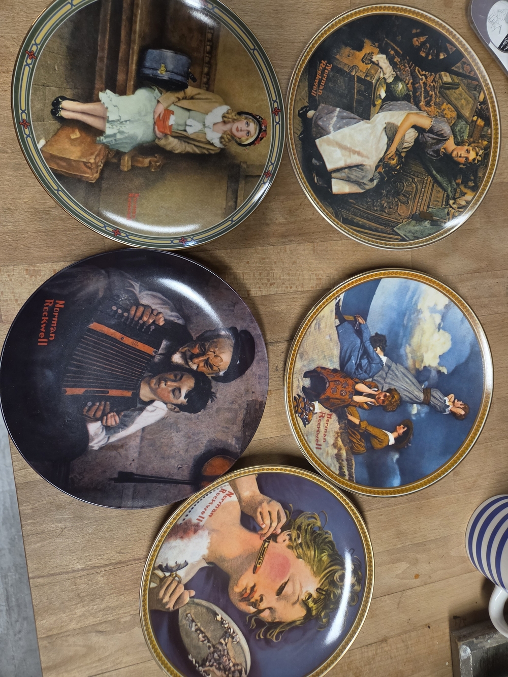 Norman Rockwell Decorative Collector Plates Set Of 5 - Blue, Brown, Cream, Gold